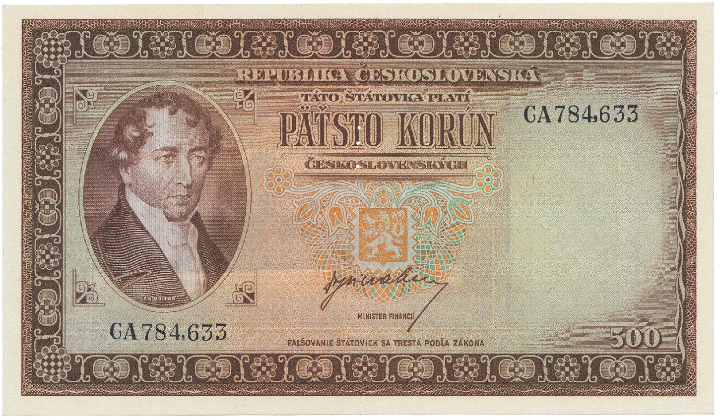500 Koruna b.d. (1945), perforace 3 m.d., Hej.75a.S1