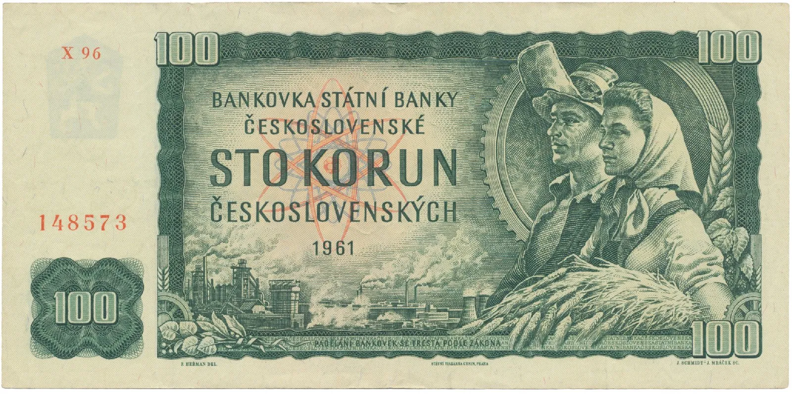 Československo, 100 Koruna 1961, II. vydání, poslední série X 96, číslovač Grafotechna, Hej.102aG