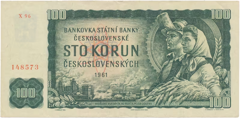 Československo, 100 Koruna 1961, II. vydání, poslední série X 96, číslovač Grafotechna, Hej.102aG