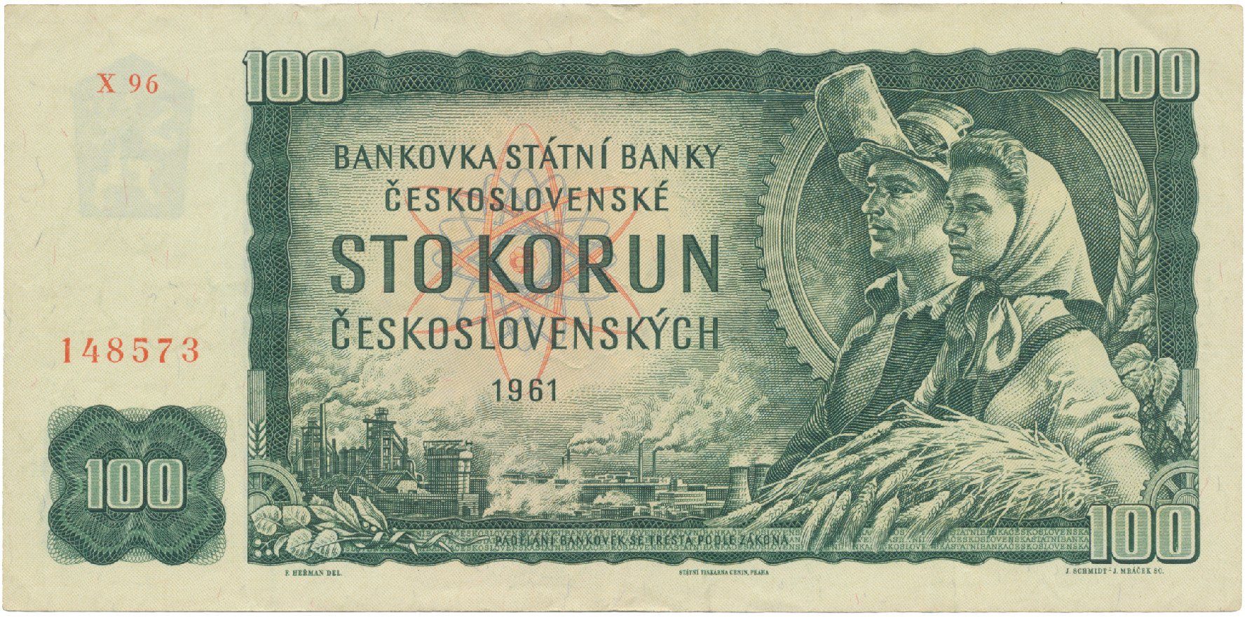 Československo, 100 Koruna 1961, II. vydání, poslední série X 96, číslovač Grafotechna, Hej.102aG