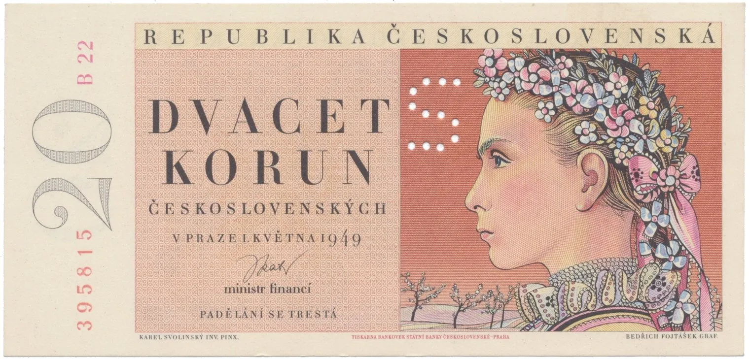 20 Koruna 1949, II. vydání, perforace "S", Hej.85aS3