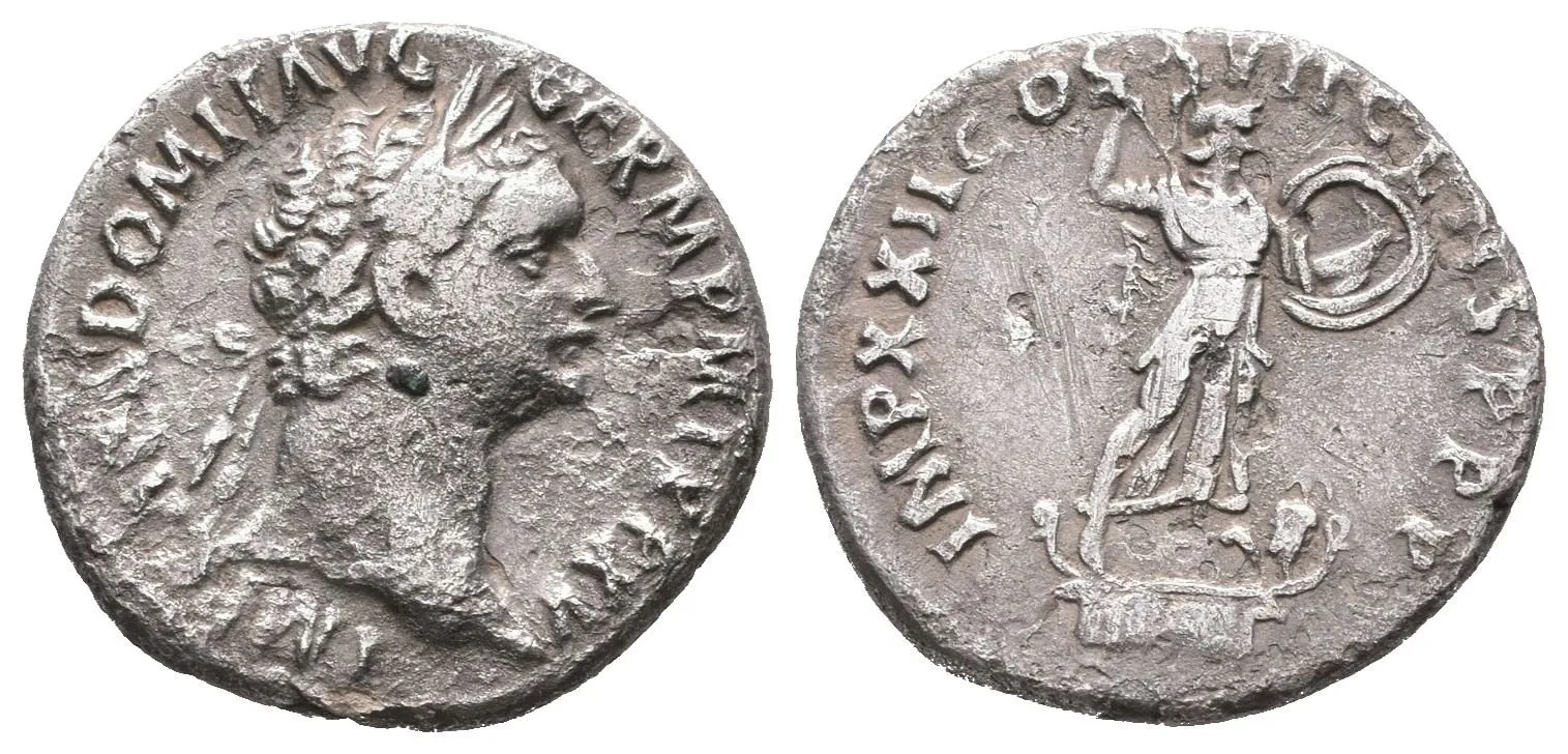 Denár, 95 - 96, Rv: IMP XXII COS XXII CENS P P P, kráčející Minerva doprava, — 1