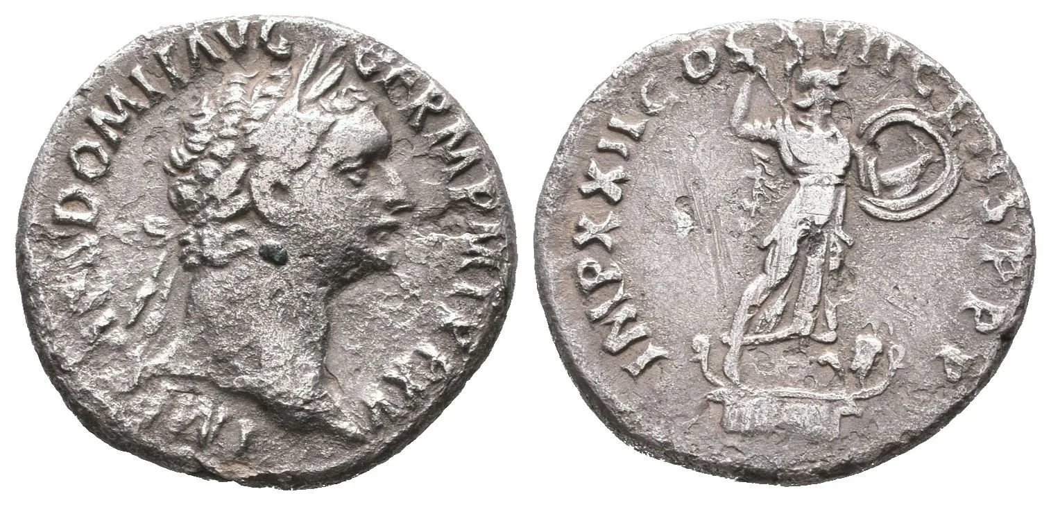 Denár, 95 - 96, Rv: IMP XXII COS XXII CENS P P P, kráčející Minerva doprava, — 1