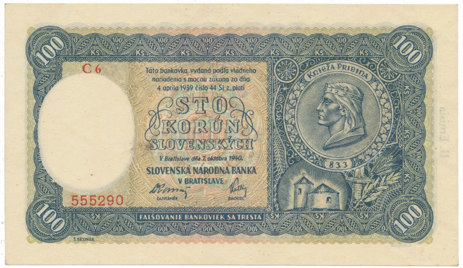 Slovensko, 100 Koruna 1940, II, vydání, série C 6, Hej.49a1