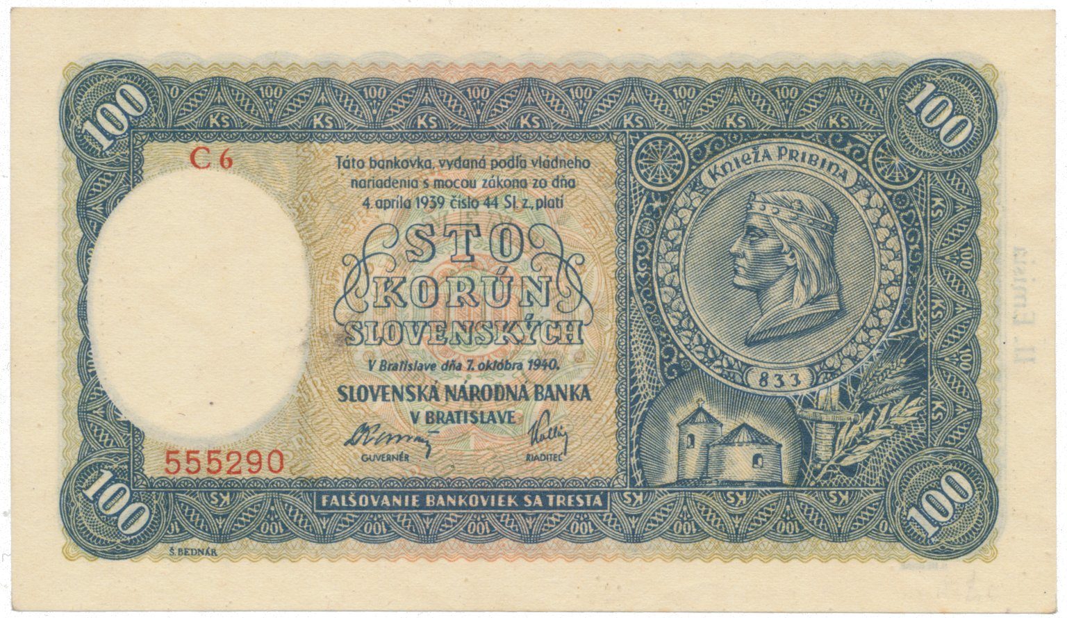 Slovensko, 100 Koruna 1940, II, vydání, série C 6, Hej.49a1