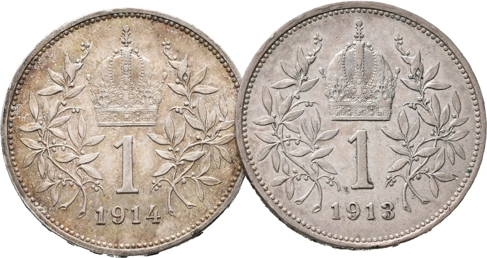 1 Koruna lot 2 kusů 1913 a 1914