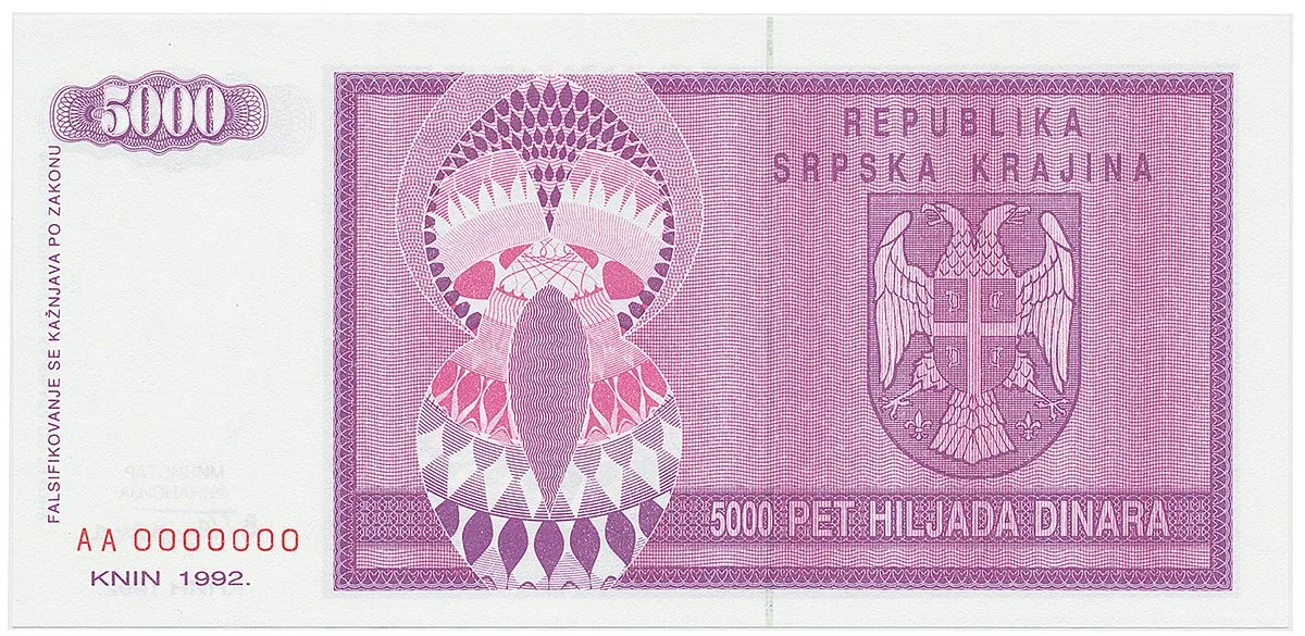 Chorvatsko - Srbská Krajina, 5000 Dinara 1992, anulát, AA 0000000, P.R6