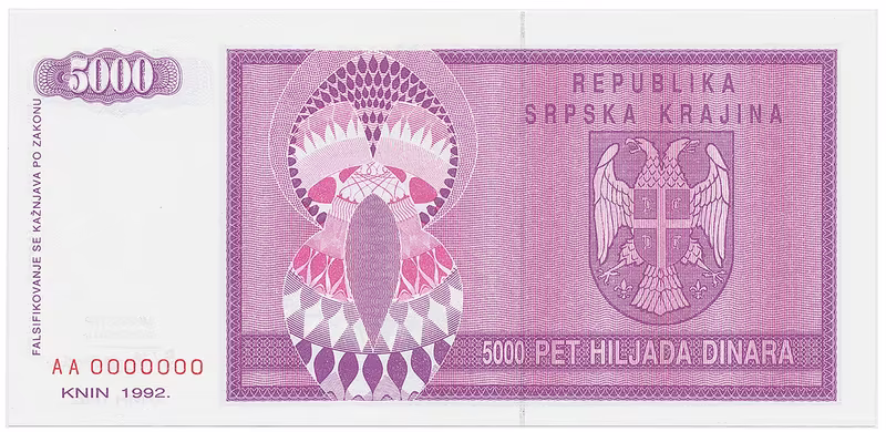 Chorvatsko - Srbská Krajina, 5000 Dinara 1992, anulát, AA 0000000, P.R6