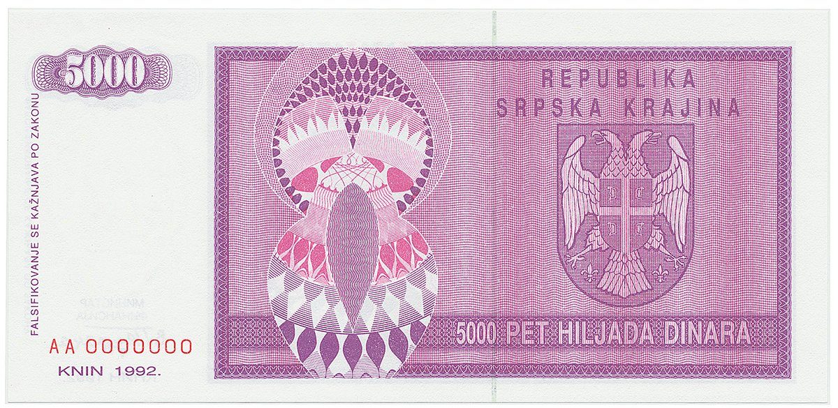 Chorvatsko - Srbská Krajina, 5000 Dinara 1992, anulát, AA 0000000, P.R6