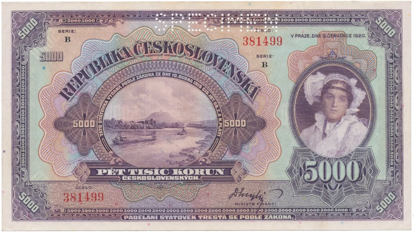 5000 Koruna 1920, série B, SPECIMEN, Hej.17b.S1
