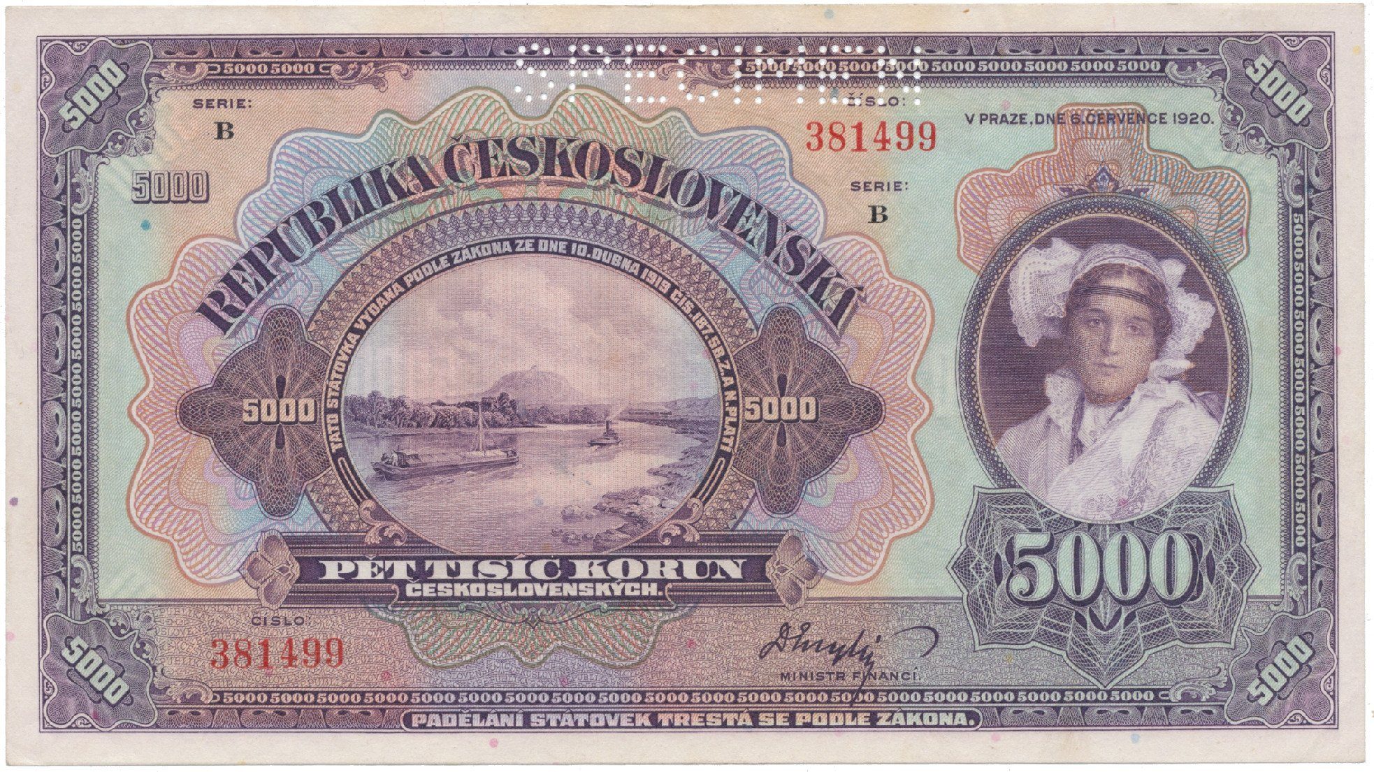 5000 Koruna 1920, série B, SPECIMEN, Hej.17b.S1