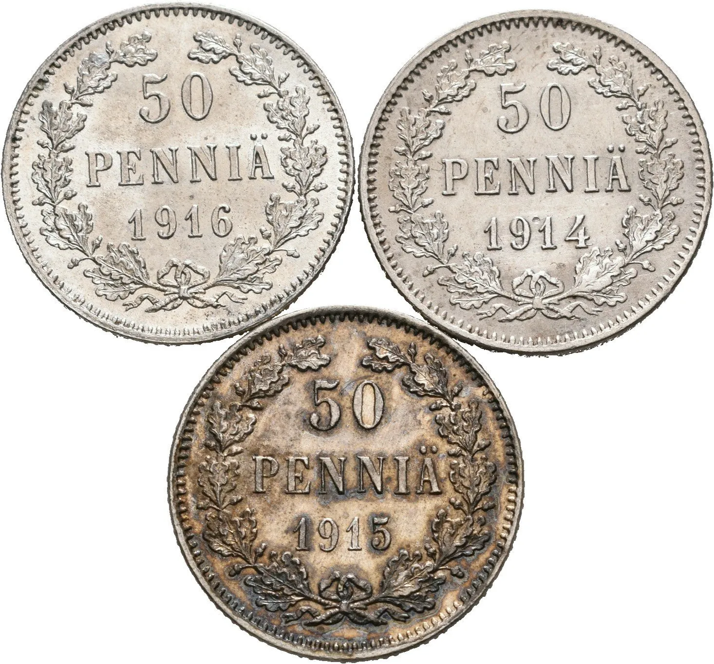 50 Penniä 1914, 1915, 1916 S, Bitkin.388, Uzd.4837, krásné zachovalosti, — 1