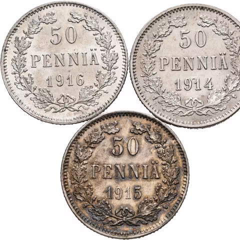 50 Penniä 1914, 1915, 1916 S, Bitkin.388, Uzd.4837, krásné zachovalosti,