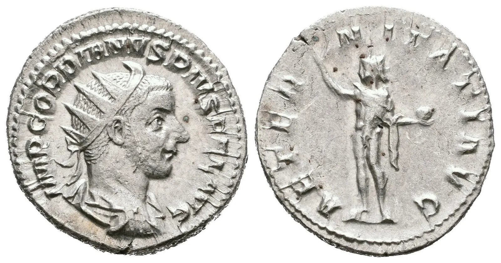 Antoninian, 241 - 243, Rv: AETERNITATI AVG, stojící Sol čelně hledí doleva, — 1
