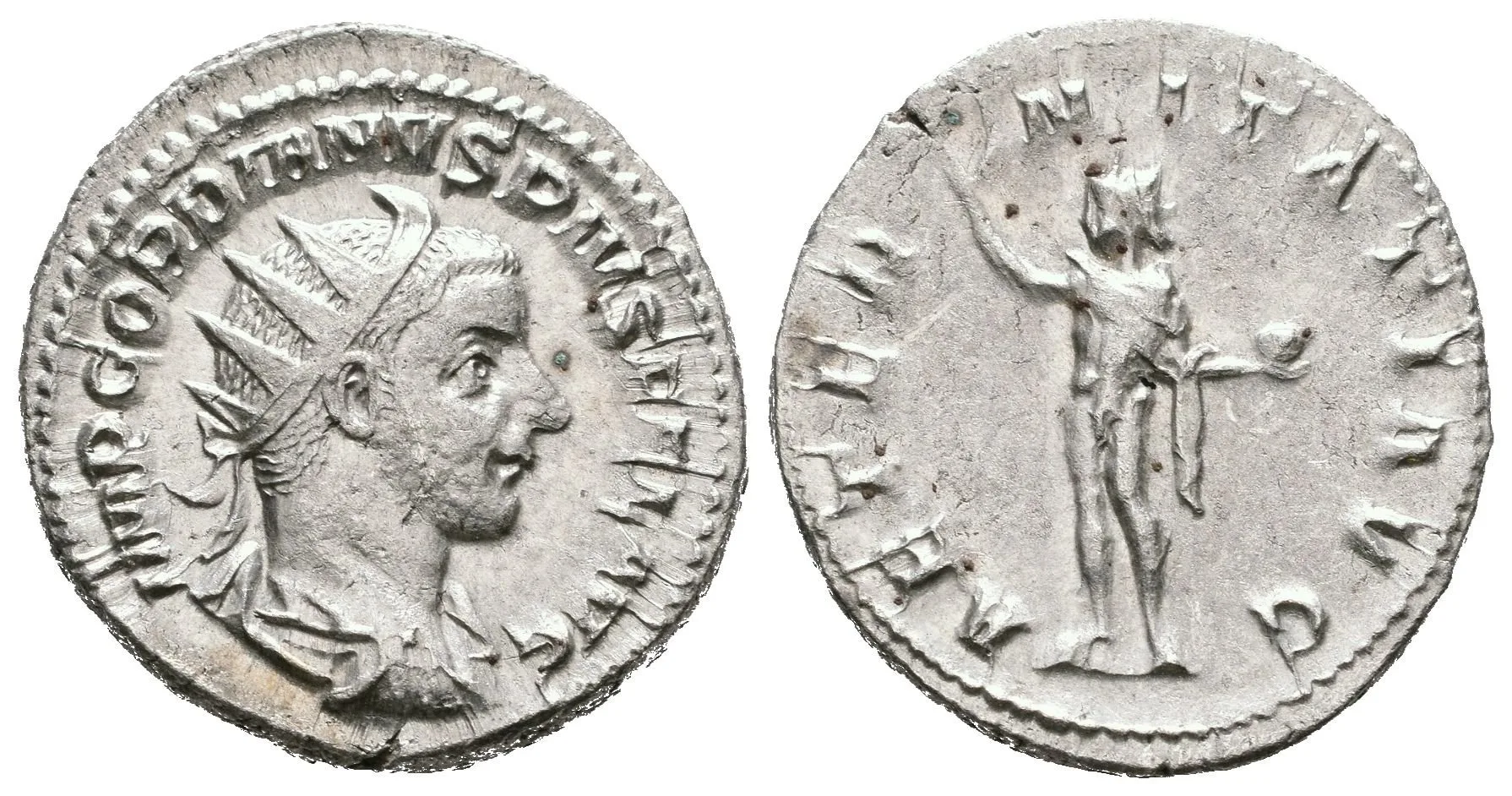 Antoninian, 241 - 243, Rv: AETERNITATI AVG, stojící Sol čelně hledí doleva, — 1