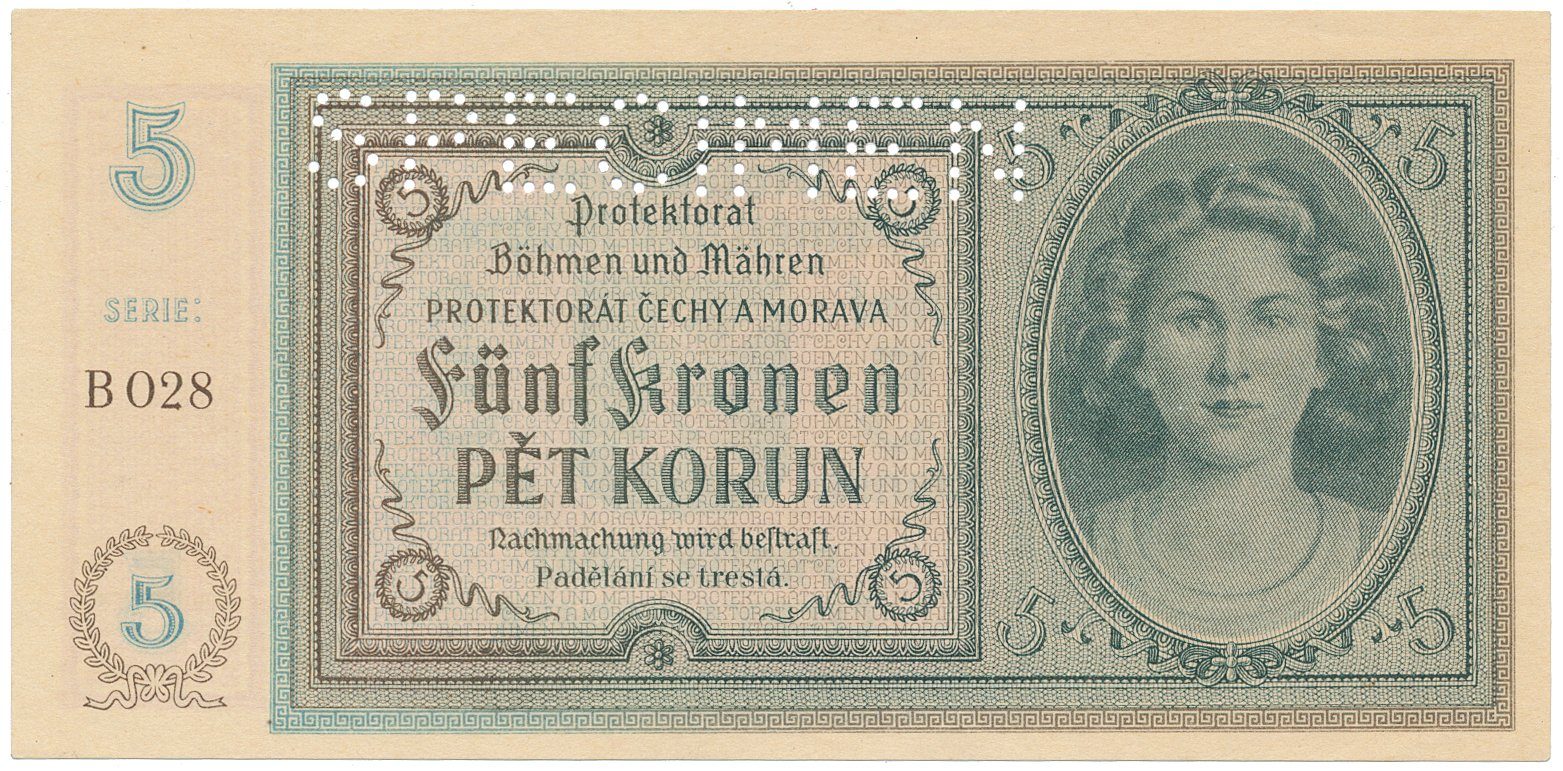 Protektorát Čechy a Morava, 5 Koruna b.d. (1940), tisk TB NBČM, série B, perf. SPECIMEN, Hej.31aB.S1