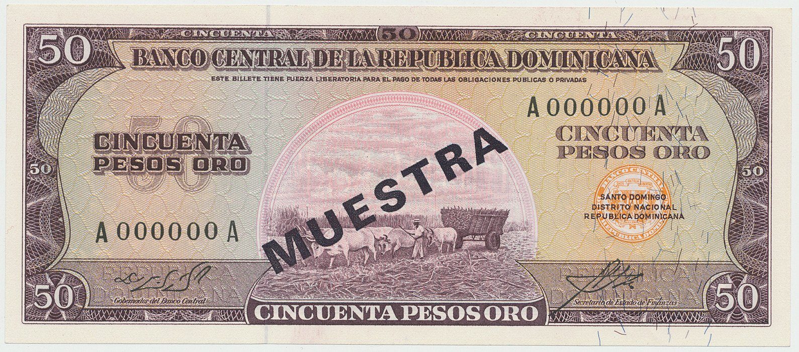 Dominikánská republika, 50 Pesos Oro (1964~1974), bank. vzor, A000000A, přetisk 1x MUESTRA, P.103s1