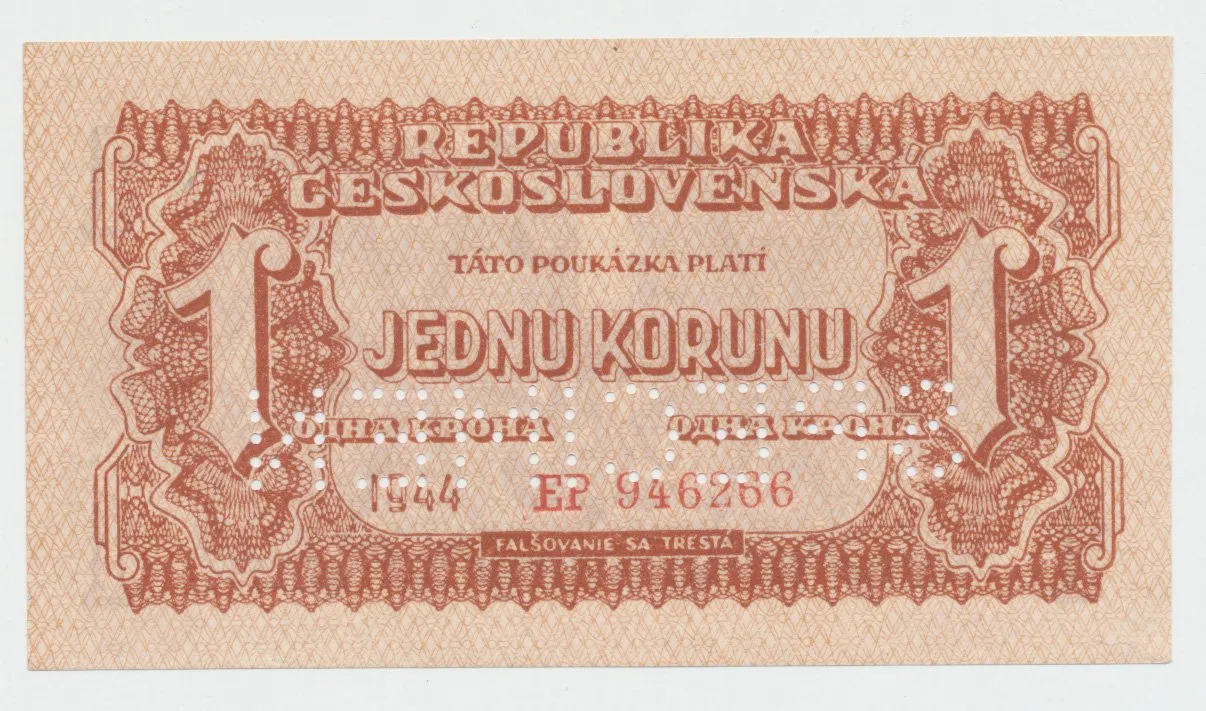 Československo, 1 Koruna 1944, perf. 1x SPECIMEN dole z rubu, Hej.56a1.S5