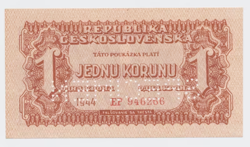 Československo, 1 Koruna 1944, perf. 1x SPECIMEN dole z rubu, Hej.56a1.S5