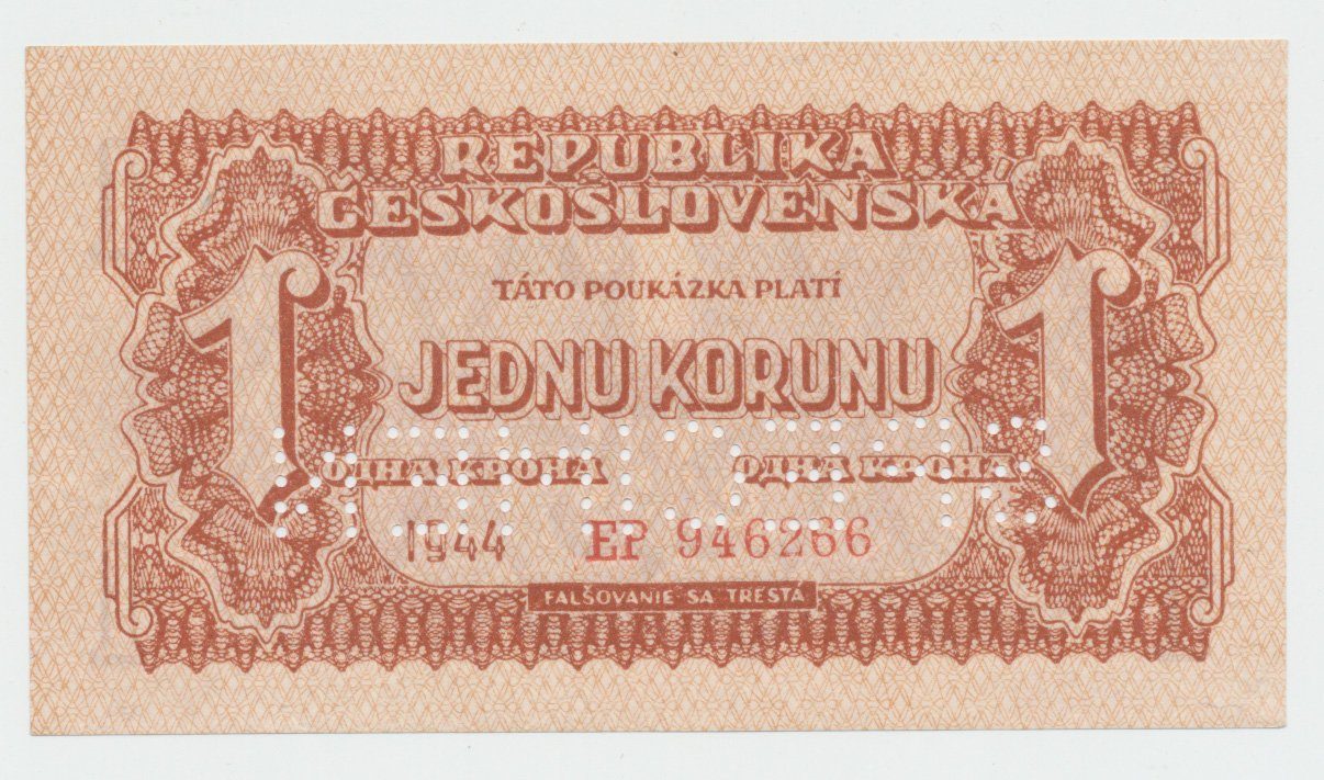 Československo, 1 Koruna 1944, perf. 1x SPECIMEN dole z rubu, Hej.56a1.S5