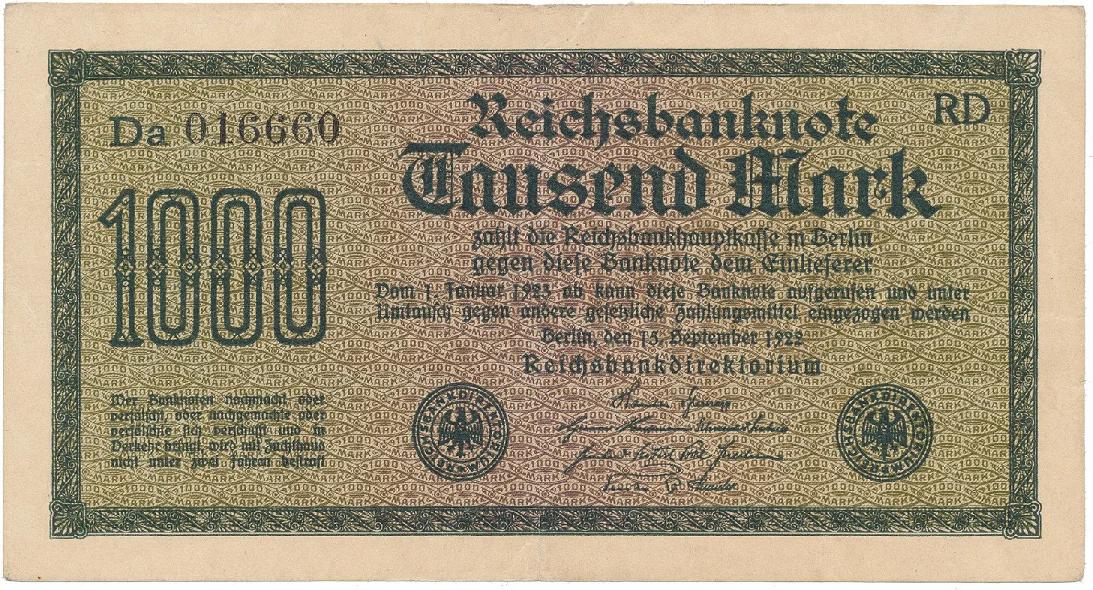 Německo, 1000 Mark 1922, vod. Hakensterne, černé 6-místné číslo, Ro.75b