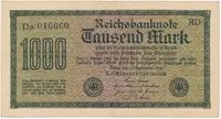 Německo, 1000 Mark 1922, vod. Hakensterne, černé 6-místné číslo, Ro.75b