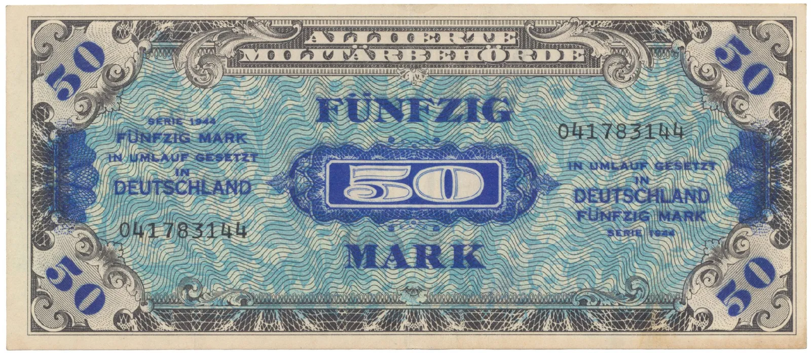 Okupační poukázky Allierte, 50 Mark 1944, tisk USA, 9-místný číslovač, Hej.AM6a
