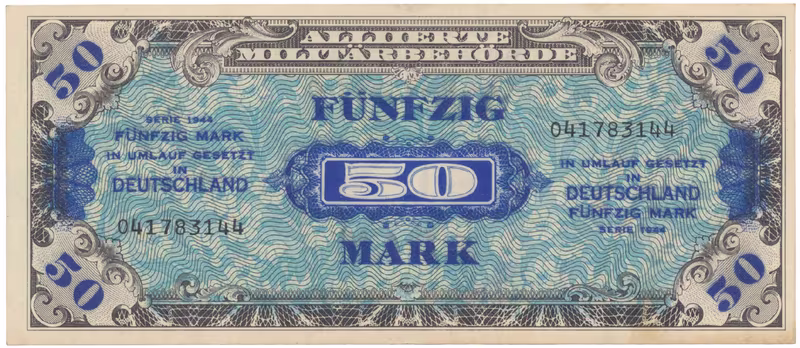 Okupační poukázky Allierte, 50 Mark 1944, tisk USA, 9-místný číslovač, Hej.AM6a