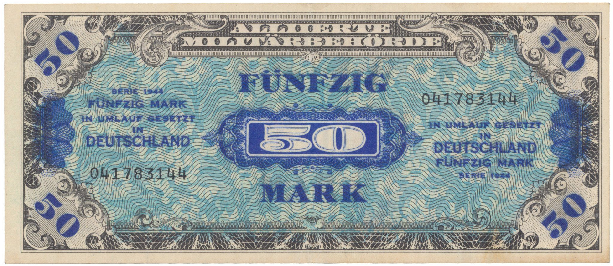 Okupační poukázky Allierte, 50 Mark 1944, tisk USA, 9-místný číslovač, Hej.AM6a