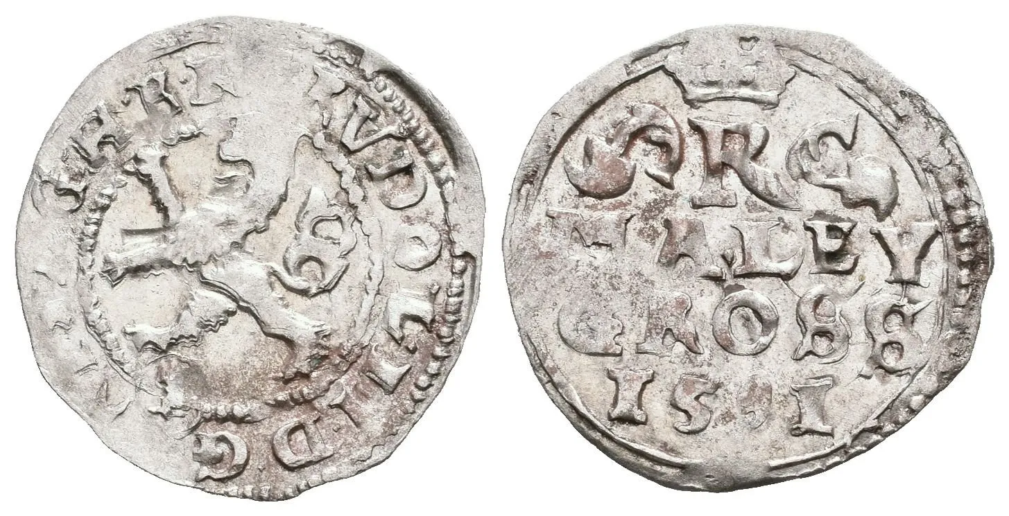 Malý groš 1591, Kutná Hora-Šatný, HN.1b (opis 7a), pěkná zachovalost, patina, drobné rysky — 1
