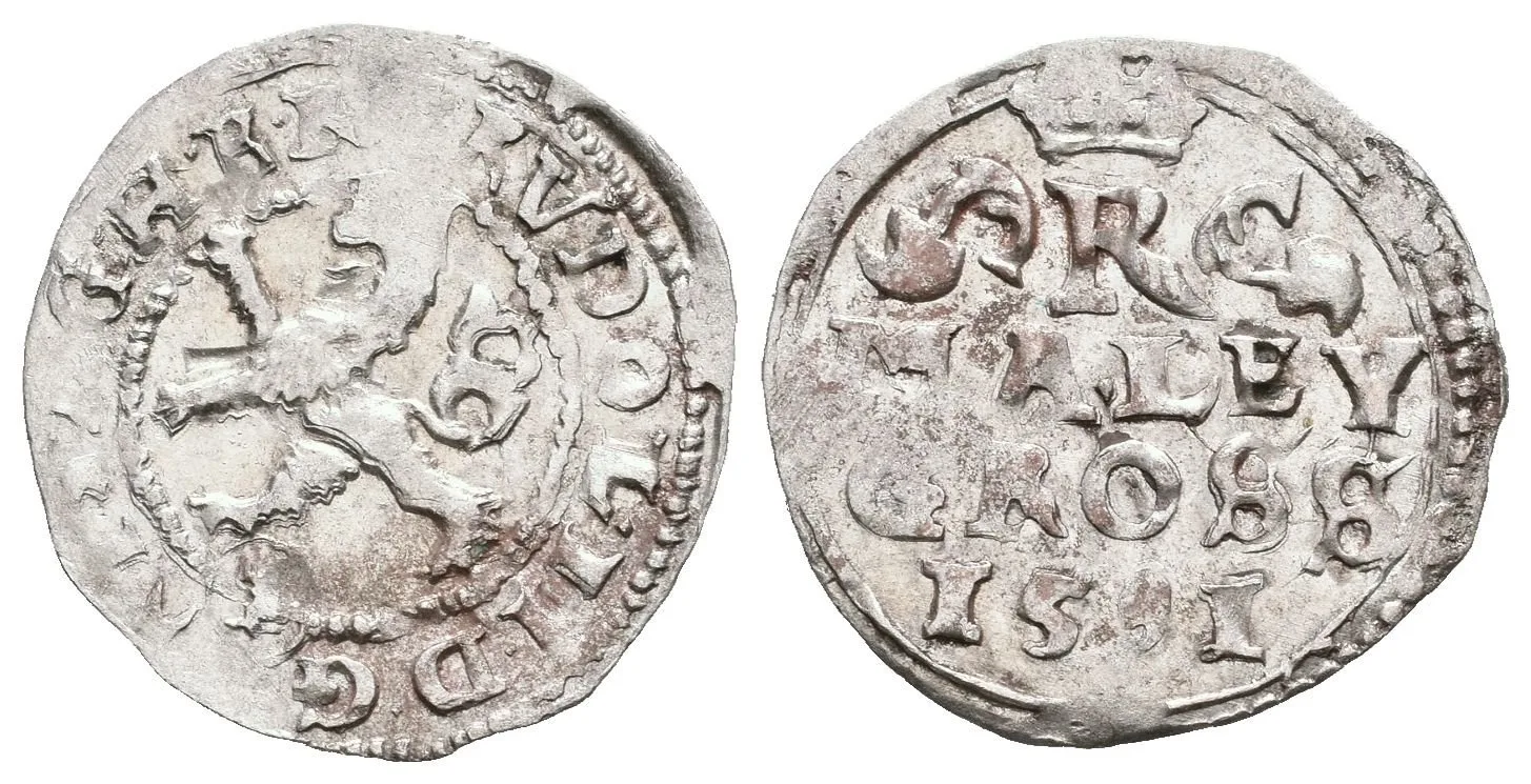 Malý groš 1591, Kutná Hora-Šatný, HN.1b (opis 7a), pěkná zachovalost, patina, drobné rysky — 1