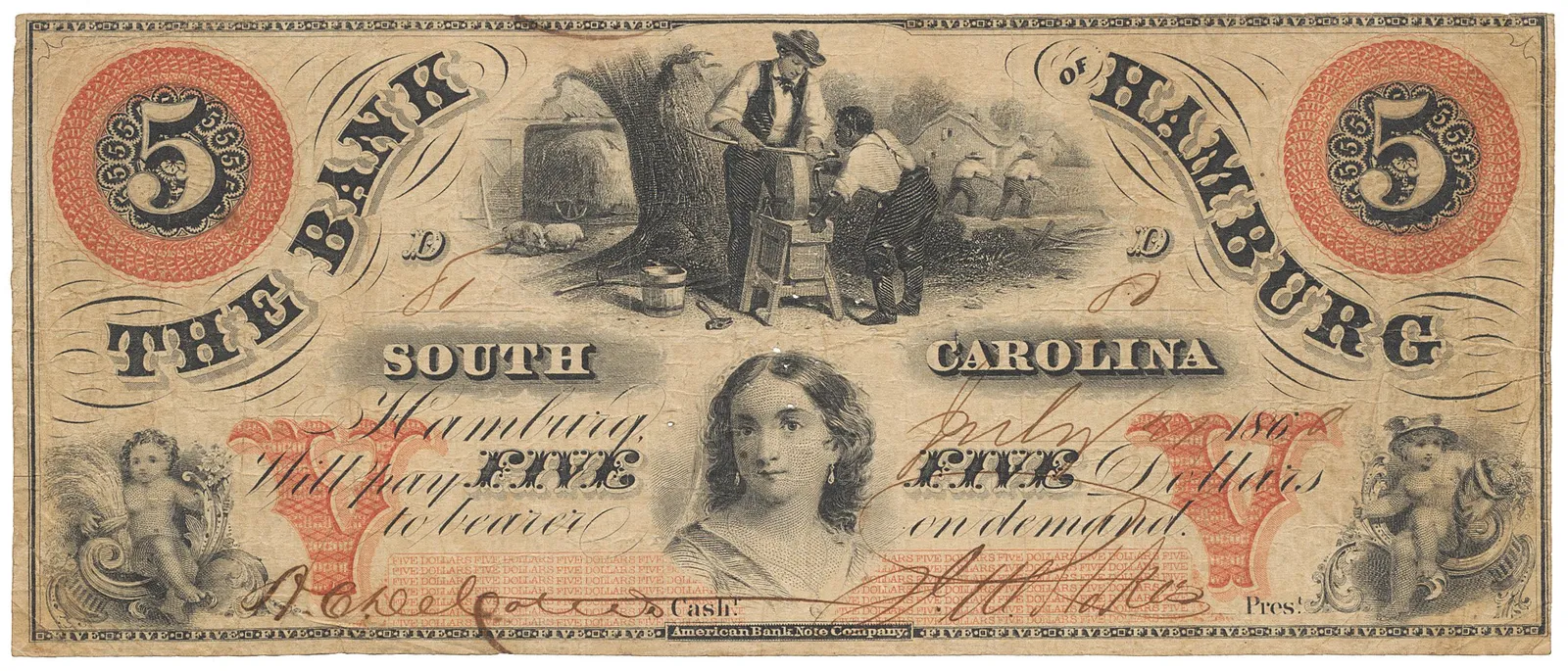 USA, South Carolina, Hamburg, The Bank of Hamburg, 5 Dollars 21. 7. 1860