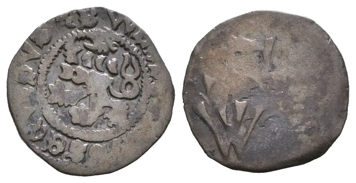Bílý peníz dvoustranný, nep. nedor., pěkná patina, starý pod. lístek — 1