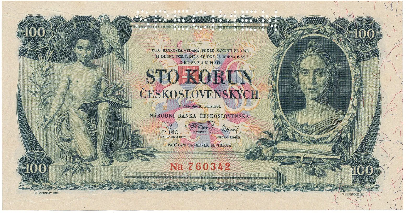 Československo, 100 Koruna 1931, perf. 1x SPECIMEN, Hej.25b1.S1