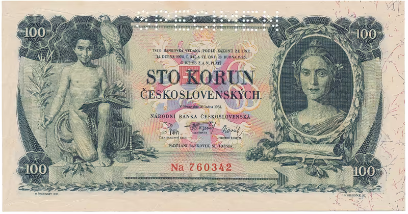 Československo, 100 Koruna 1931, perf. 1x SPECIMEN, Hej.25b1.S1