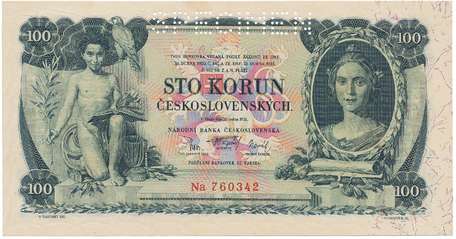 Československo, 100 Koruna 1931, perf. 1x SPECIMEN, Hej.25b1.S1