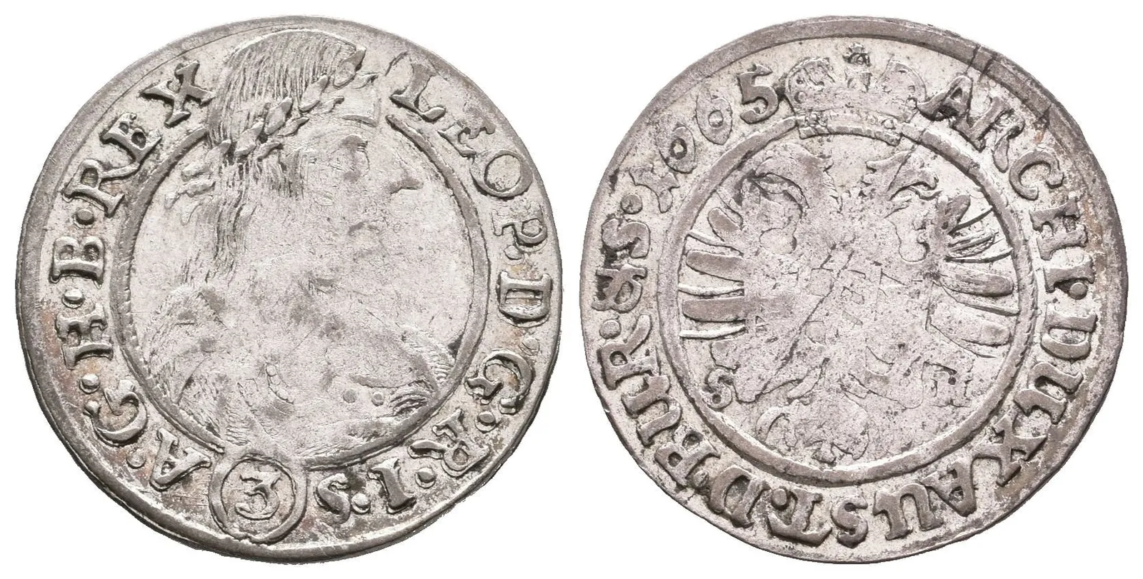 3 Krejcar 1665 SH, Vratislav-Hammerschmidt, Hal.1618, patina, zbytky lesku, vada střížku — 1