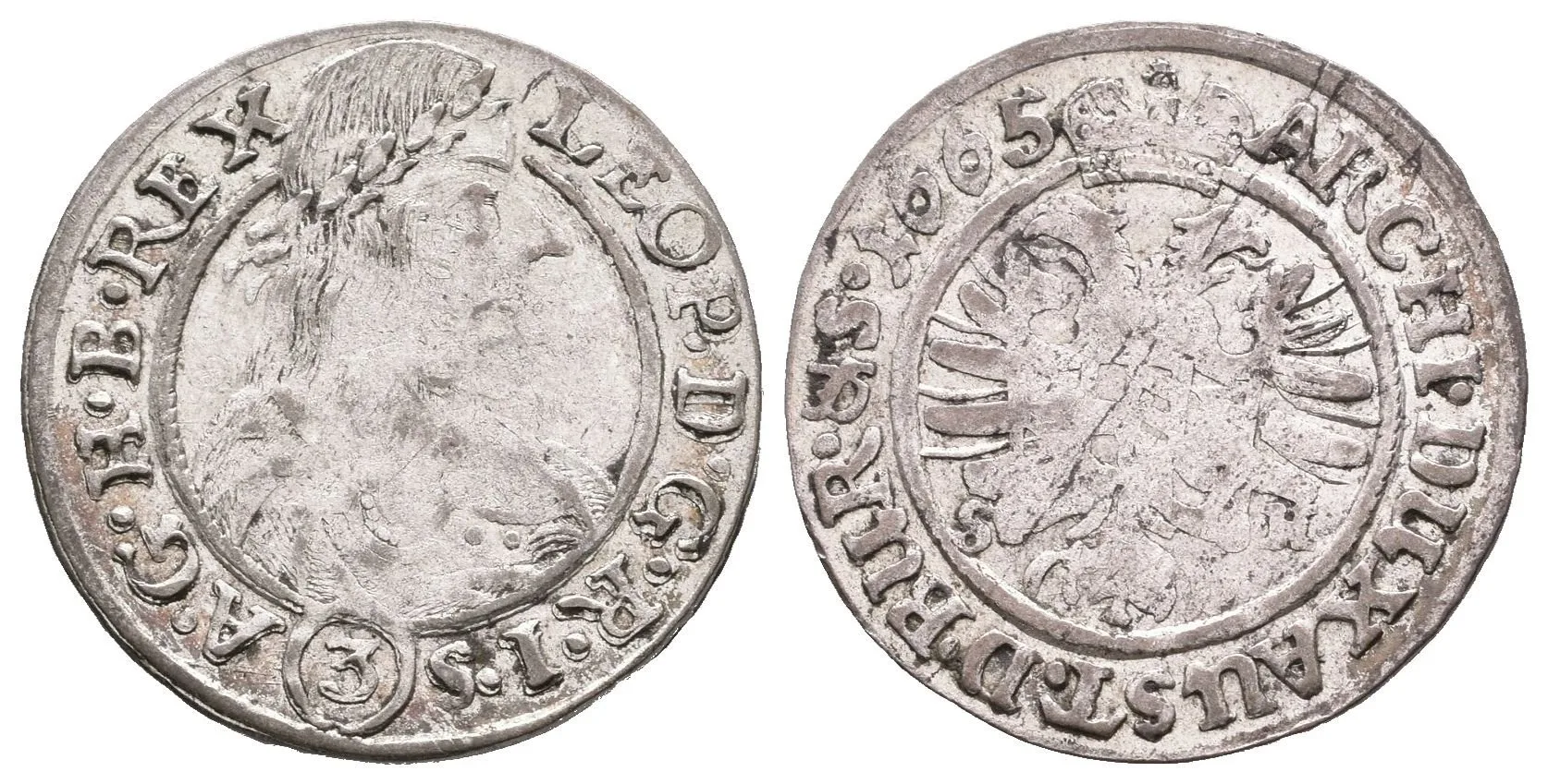 3 Krejcar 1665 SH, Vratislav-Hammerschmidt, Hal.1618, patina, zbytky lesku, vada střížku — 1