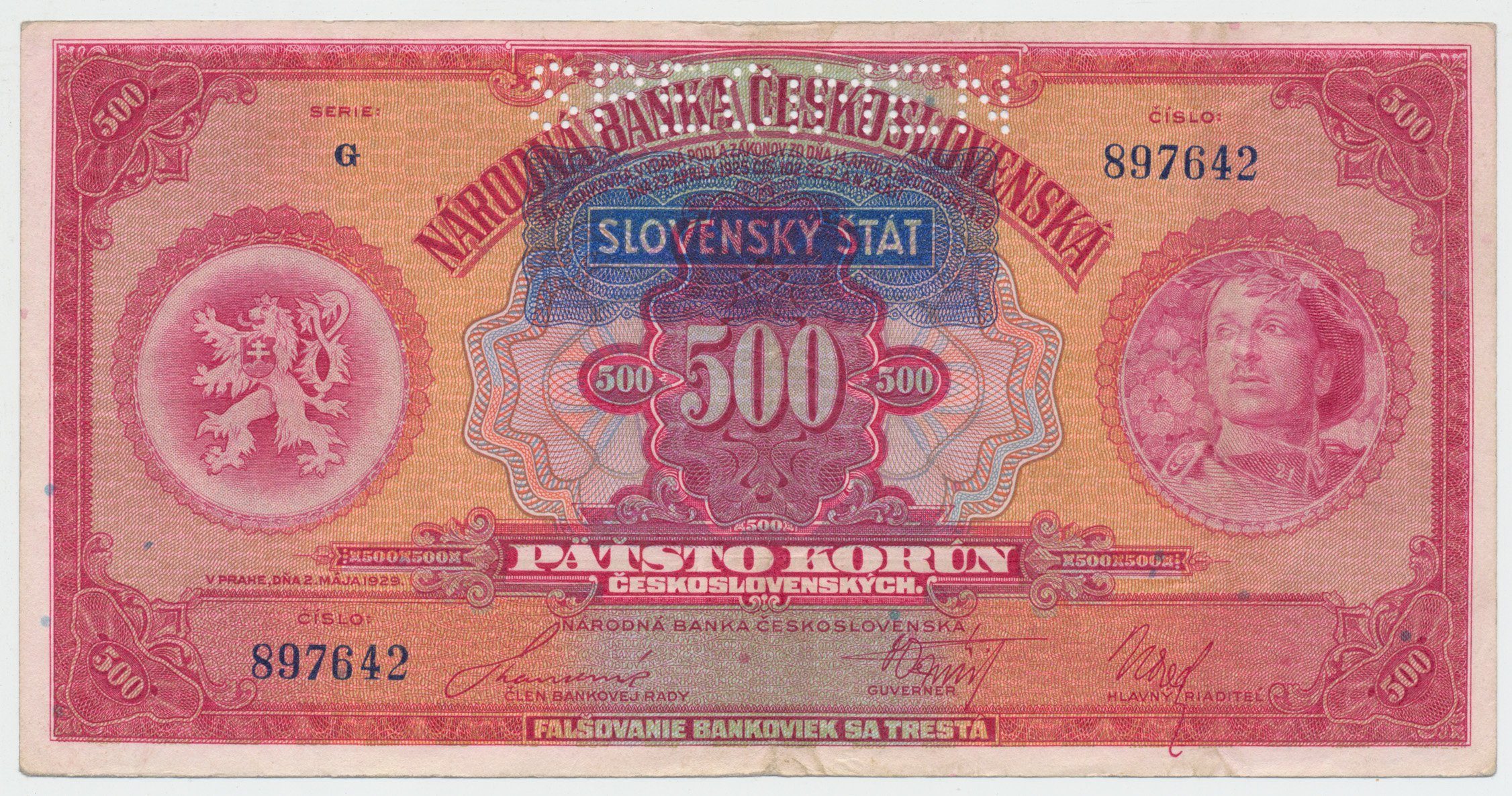 500 Koruna 1929/1939 + přetisk, série G, SPECIMEN, Hej.44.S1