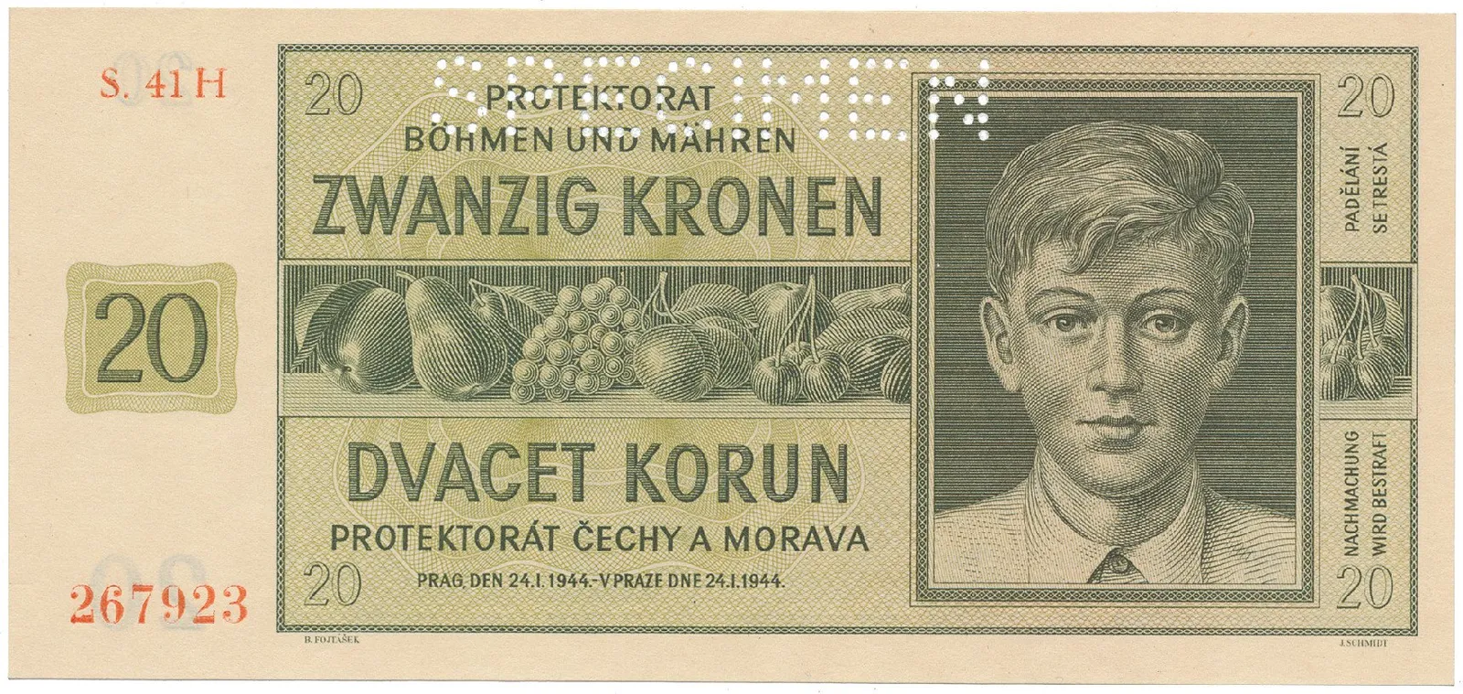 20 Koruna 1944, série H, SPECIMEN, Hej.40c.S1