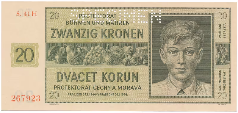 20 Koruna 1944, série H, SPECIMEN, Hej.40c.S1