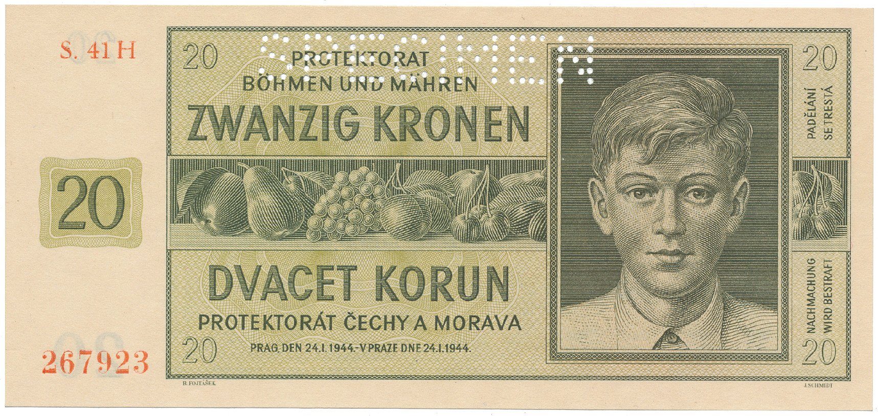 20 Koruna 1944, série H, SPECIMEN, Hej.40c.S1