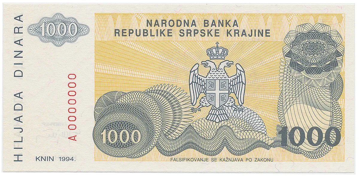 Chorvatsko - Srbská Krajina, 1000 Dinara 1994, anulát, A 0000000, P.R30