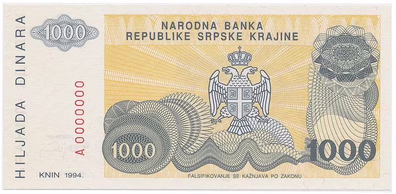 Chorvatsko - Srbská Krajina, 1000 Dinara 1994, anulát, A 0000000, P.R30