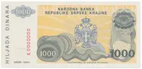 Chorvatsko - Srbská Krajina, 1000 Dinara 1994, anulát, A 0000000, P.R30