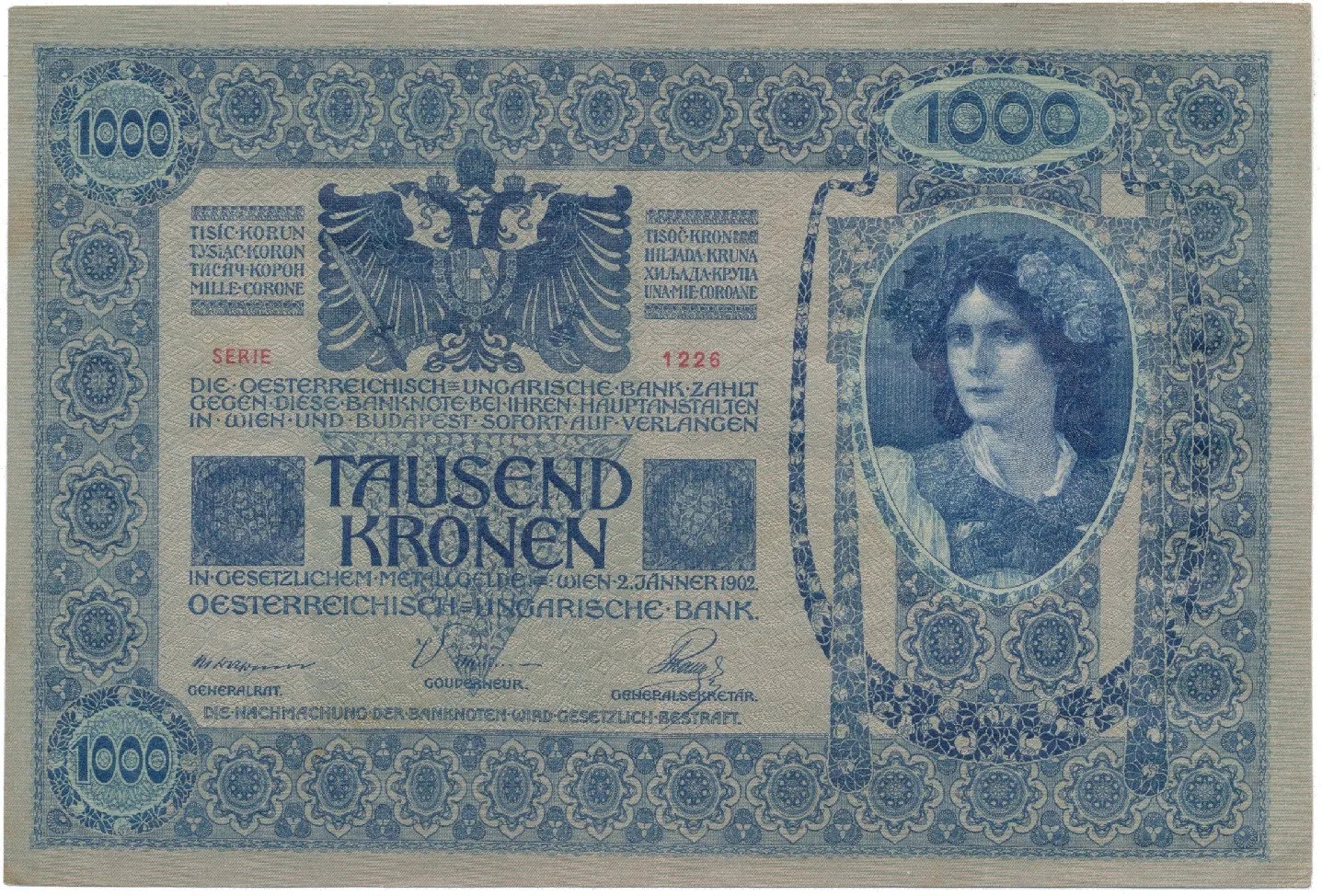 Rakousko - Uhersko, 1000 Koruna 1902, podtisk šedozelený, bez přetisku, Hej.RU5a