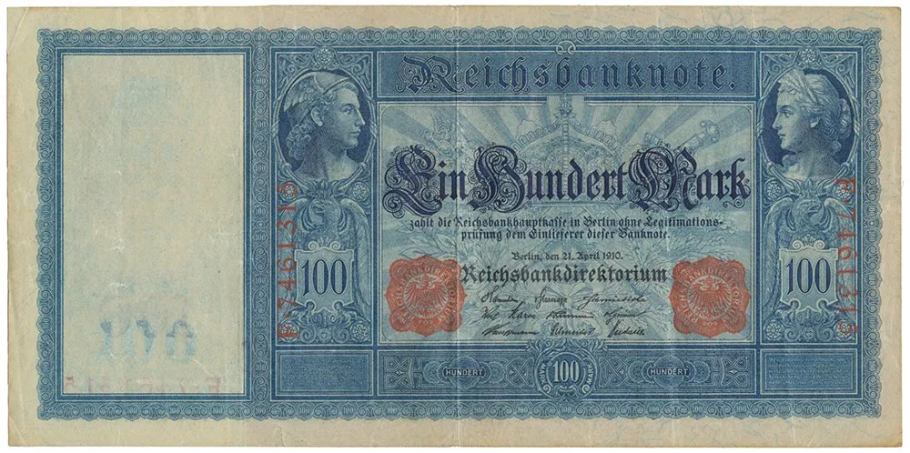 Německo, 100 Mark 1910, červený číslovač, modrý papír, Ro.43b