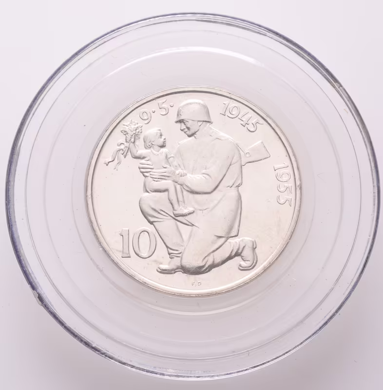 10 Kčs 1955 - 10. výročí osvobození Československa, PROOF, původní etue