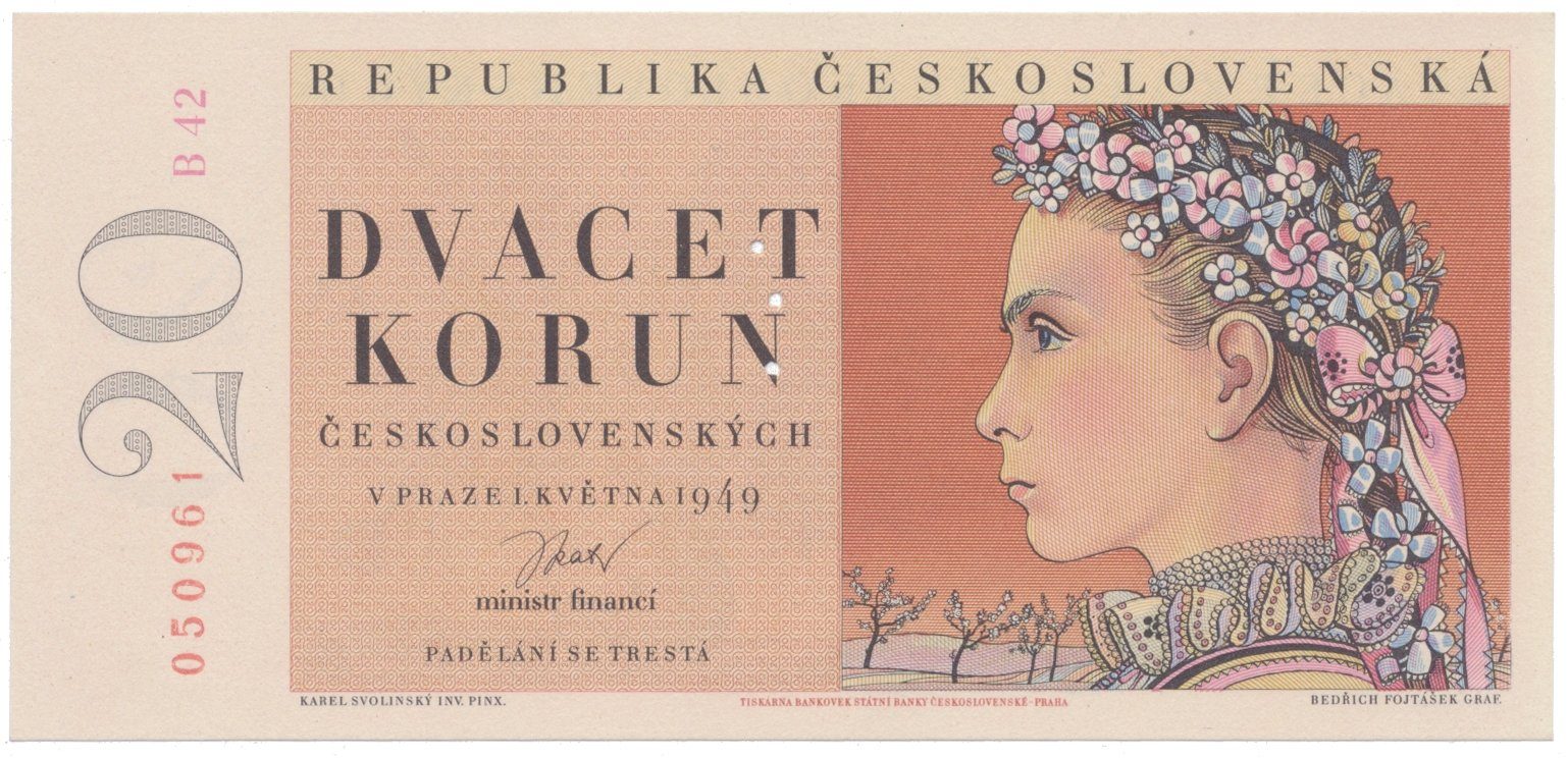 20 Koruna 1949, II. vydání, perforace 3 m.d. v obloučku, Hej.85aS2