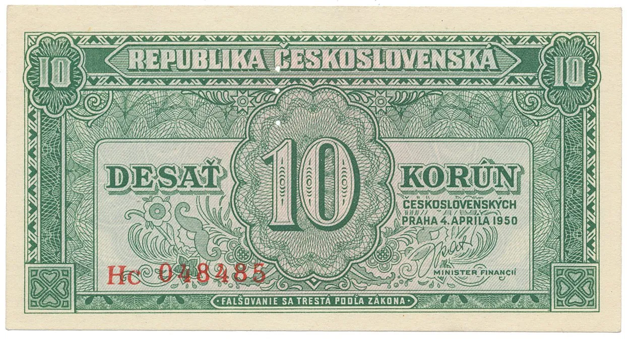 Československo, 10 Koruna 1950, série Aa - Zh, perforace 3 md svisle, Hej.86b.S1